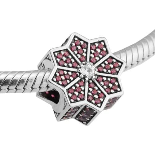 Fits Charms Bracelet Genuine 925 Sterling Silver Poinsettia Red & Clear CZ Charm DIY Beads Women Silver Jewelry Wholesale