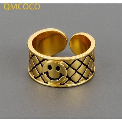 QMCOCO 925 Sterling Silver New Trendy Smiling Face Wide Rings Vintage Creative Design Punk Woman Party Jewelry Gifts