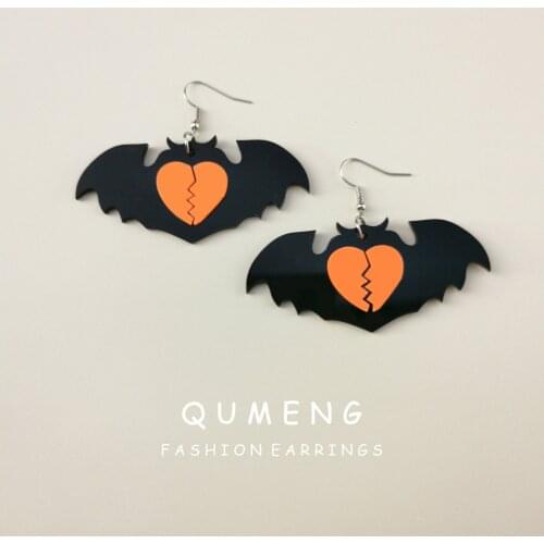 QUMENG new Earrings For Women Girls Cartoon Funny Cute Bats Acrylic Drop Earrings heart-shaped Dark Christmas Gifts Halloween