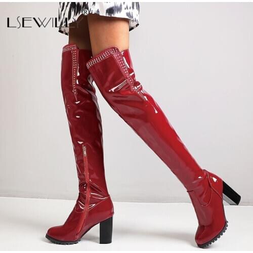Lsewilly patent PU Leather Over-the-knee boots woman shoes block high heels sexy thigh high long booties women size 34-50
