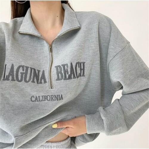 New Arrivals Fashion Womens Cotton Stand Collar Zipper Letter Embroidery Long Sleeve Sweatshirts Retro Casual Loose Sweatshirt
