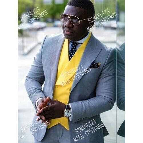 SZMANLIZI 2020 Light Grey 3 Piece Set Slim Fit Formal Men Suit Yellow Double Breasted Vest Groom Tuxedo Prom Men Wedding Suit