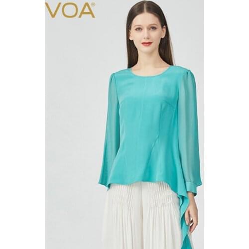 VOA Autumn New Product Mulberry Silk Round Neck Georgette tops Long-sleeved Distressed Waist Sharp Angle Pendulum T-shirt BE791