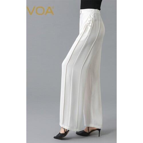 VOA Silk 30m/m Milk White Trousers One Button Fold Diagonal Pocket Invisible Zipper Wide Leg Pants Women Bottoms Pants KE568