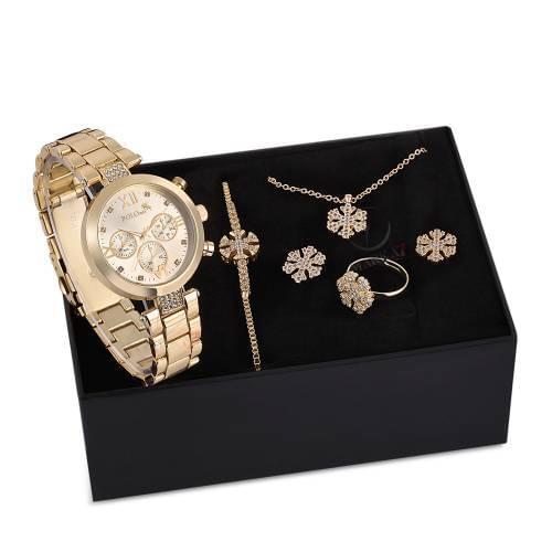 Womens Wrist watch Set Kombin Special Zircon Stone Jewelry Set Snowflake Cubic Zirconia Bracelet Necklace Earrings Ring st-2032s