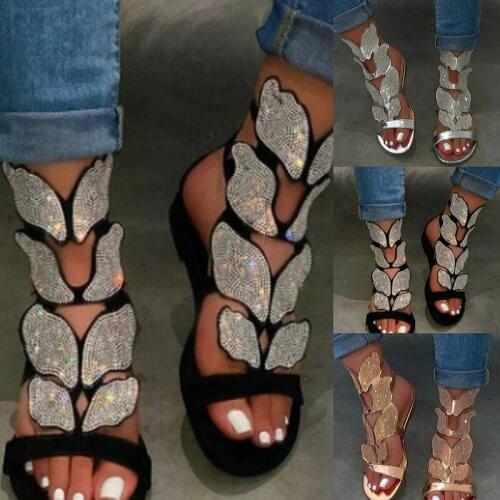 2021 New Summer Fashion Rhinestone Sandal Women Butterfly Soft Non-slip Flat Shoes Female Casual Breathable Outdoor Beach Sandal