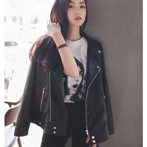 Women Loose Casual Faux Leather Jackets Classic Retro Rivet Moto Biker Korean Ladies Coat Large Sizes Outerwear