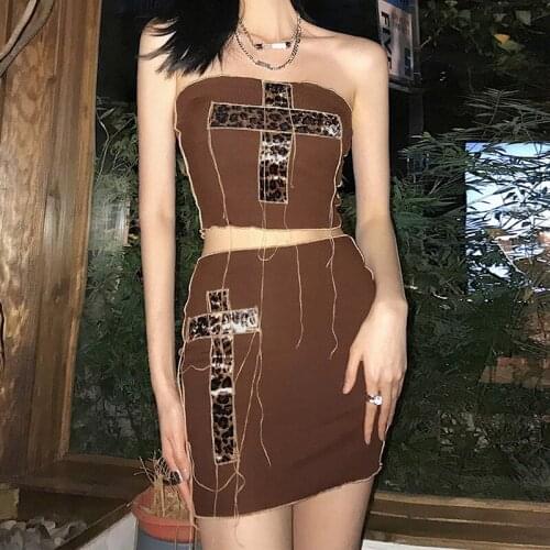 SEASONS Ribbons Two Piece Set Women Unique Cross Design Off Shoulder Crop Top+Mini Skirt Co-ord Suit Female Casual ASSU82985