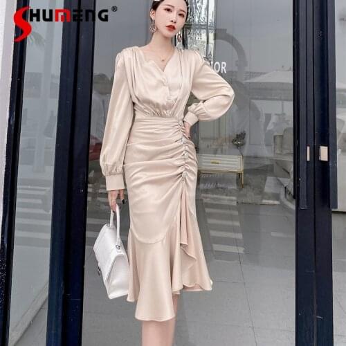 2021 Early Autumn New Ruffled V-neck Ladies Knee-length Dress Slim Waist Satin Elegant Lantern Sleeve Office Lady Fishtail Dress