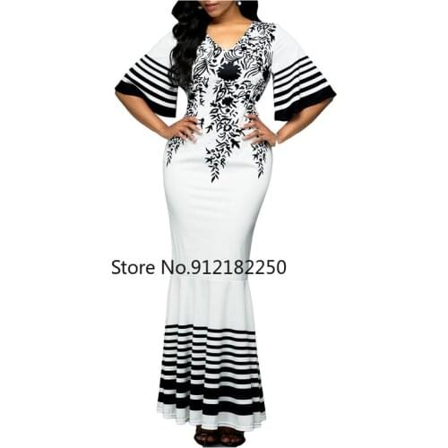 Long Dress Women printed Stitching Long High Waist Short Sleeves V-Neck Plus Size 5XL fishtail Womens Dress