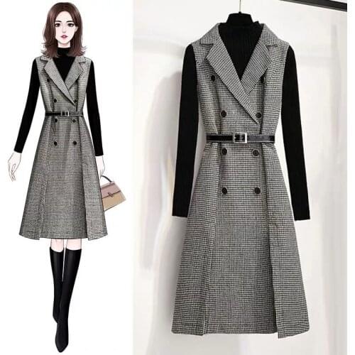 Autumn Winter Women Houndstooth Sleeveless Notched Collar Double-Breasted Split Office Tweed Plaid Midi Dress With Belted Top