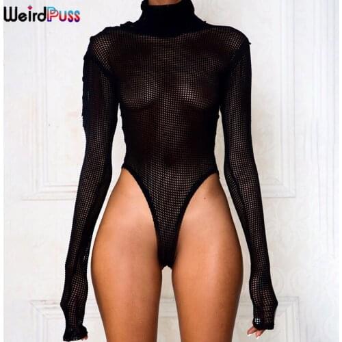 Weird Puss Sexy See Through Grid Bodysuit Women Solid Long Sleeve Button Slim Bodycon Elastic Summer Fashion Streetwear Clothing