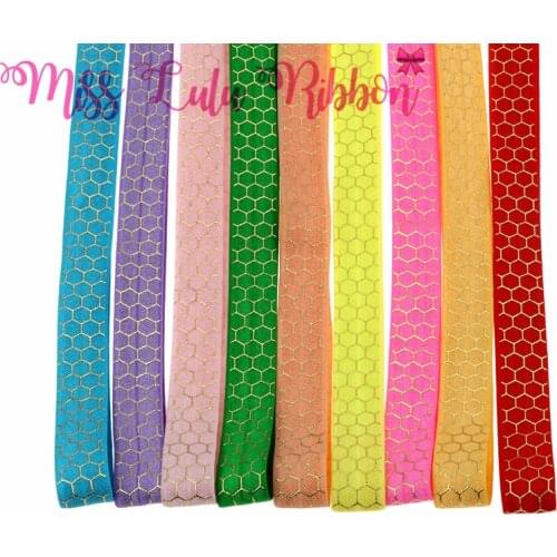 5/8"16mm gold foli honeycomb printed fold over elastic ribbon glitter geometric tape handmade hair bows party decoration 10yards