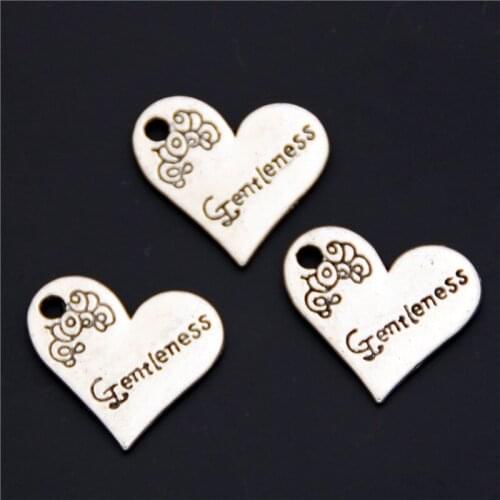 10Pcs Silver Color Heart Shaped Gentleness Charms Making Flower Words Pendant Necklaces Jewelry Supplies 20x21mm A2414