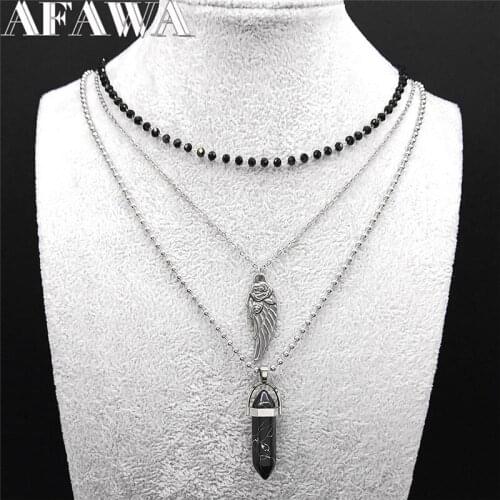3pcs Rose Wings Stainless Steel Natural Stone Layer Necklace Silver Bead Gothic Necklace Chain Jewelry collier femme NXS02