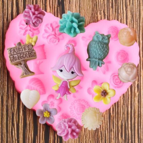 3D Rose Flower Silicone Mold Owl Flower Fairy Fondant Molds Cupcake Topper Cake Baking Chocolate Candy Decorating Tools