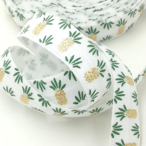 5 Yards 5/8 White Gold Foil Pineapple Printed elastic bands, Hair elastic ribbon Foe sewing accessories