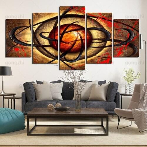 Abstract Golden Red Sphere Surround Frameless Wall Painting Modern Living Room Furnishing 5Pcs Canvas Printing Decorative Poster