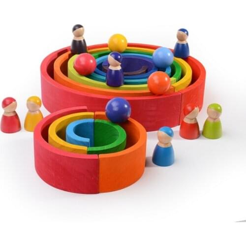 Large 12PCS/Set Children Wooden Nesting Puzzle Building Pine Wood Blocks Rainbow Stacker Educational Toy Room Decor