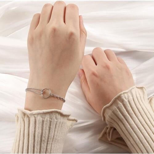 Retro Design Silver Hollow Circular Chain Geometric Bracelets Round Interlock Charm Adjustable Bracelet For Women Gift