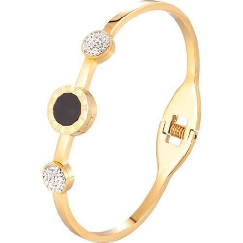 Luxury Crystal Round Black Shell Roman Numerals Stainless Steel Bangles & Bracelets For Women Girls & Friends Fashion Jewelry