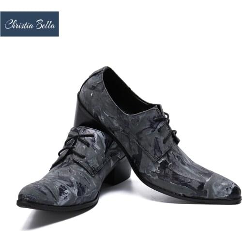 Christia Bella Printing Genuine Leather Men Business Shoes Fashion Plus Size Mid Heel Lace Up Pointed Toe Formal Party Men Shoes
