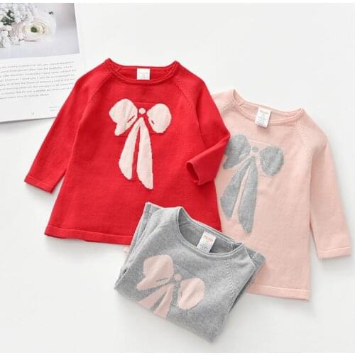 Spring Autumn Casual Kids Dresses For Girls Dresses Loose Cute Kids Girl Bowknot Dress Long Sleeve Knit Dress