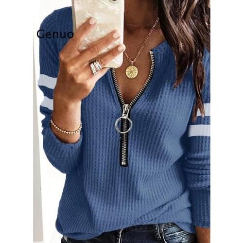 Womens V Neck Tshirts Long Sleeve Zipper Knit Loose Fitting Thermal Tunic Tops Femme T-Shirts Women