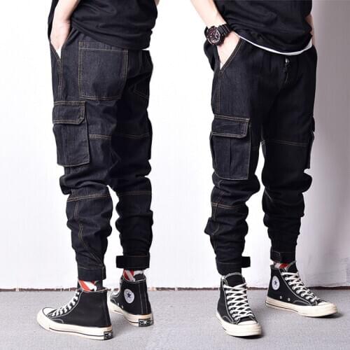 Japanese Style Vintage Design Men Jeans Original Color Spliced Fashion Loose Fit Big Pocket Cargo Pants Hip Hop Jogger Jeans Men