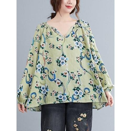 Soft Cotton Linen Loose Spring Summer T Shirts Plus Oversized Tops Women Casual T Shirt Print Floral Vintage tshirt Tees Shirts