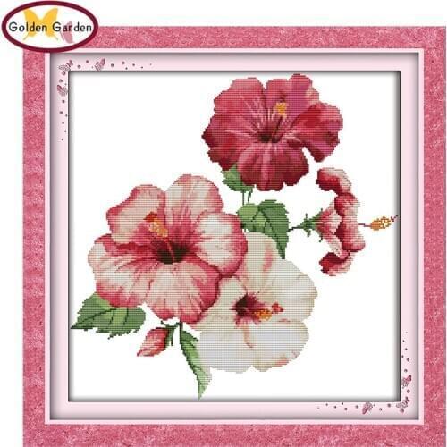 GG The Hibiscus Flowers Stamped Cross Stitch Kit DIY Embroidery Needlework Sets Joy Sunday Cross Stitch Patterns for Home Decor