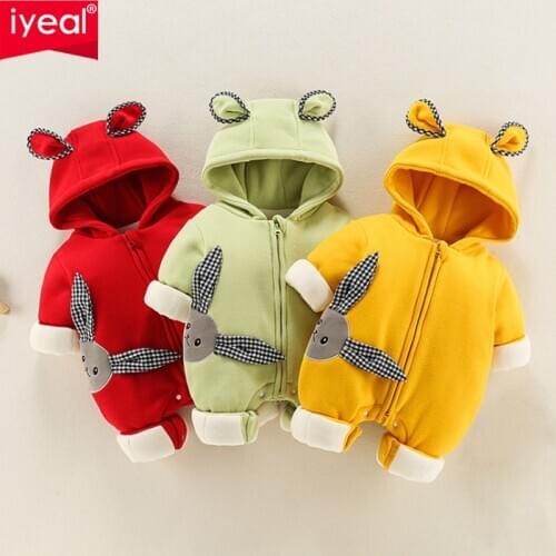 IYEAL Cartton Rabbit Winter Infant Baby Clothing New Baby Boys Thick Warm Velvet Jumpsuit Girls Long-sleeved Hooded Romper 3-12M