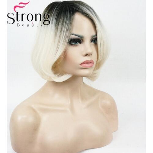 Short Straight Dark to Blonde Ombre Bob, Side Swept Bangs High Heat Resistant Full Synthetic Wig