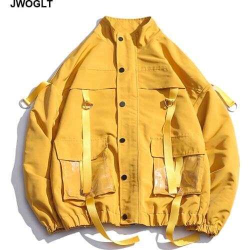 Streetwear Fashion Mulit-Pocket Ribbons Casual Jackets Men Hip Hop Loose Overalls Black Yellow Bomber Jacket Coat Mens Outwear