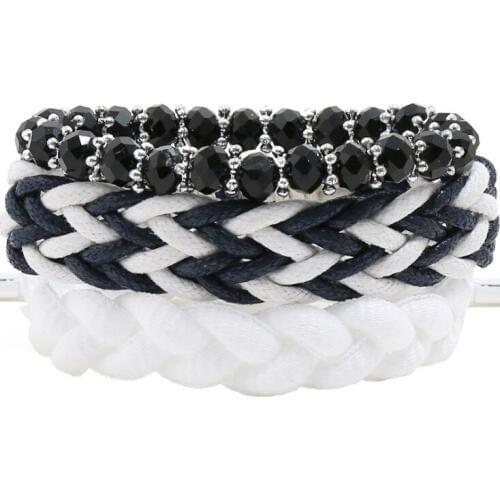 Fashion Punk Vintage Bracelet Set Black Crystal Charm Wrap Bangle Cuff Ethnic Weave Leather Bead Wristband Casual Hippie Jewelry