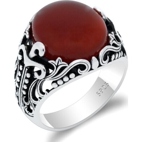 Male Ring 925 Sterling Silver Red Natural Agate Aqeeq Stone Badges Wave Crown Punk Style Ring for Men Party Jewelry Wedding Ring