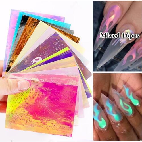 Mixed 16pcs Holographic Flame Stripe Design Nail Art Stickers Self-Adhesive Aurora Fire Tape Decal Decorations DIY Accessories