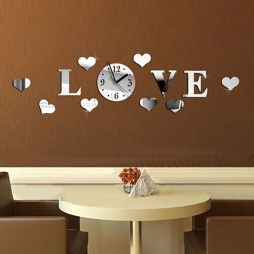 Wall Clock Stiker Mirror Effect Acrylic Glass Silver 3D Mirror LOVE Wall Sticker DIY Wall Clock Home Decor