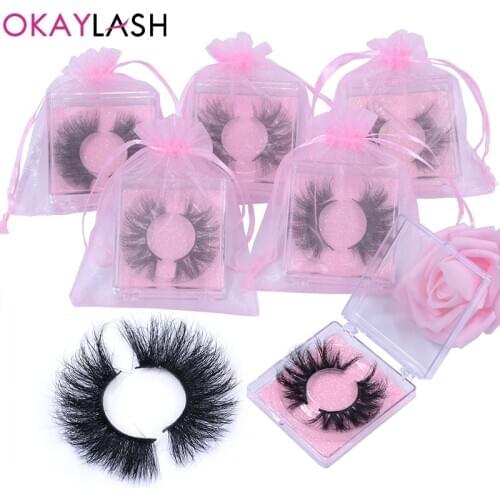 Newest Bomb 25mm Real Mink 5D False Eyelashes Volume Mega Big Makeup Dramatic Long Lashes with Pink Case and Mesh Bag