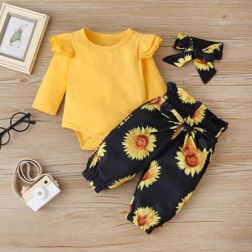 Newborn Baby Girl Clothes Boho Three-piece Suit Cotton Solid Flying Long Sleeve Tops+sunflower Print Trousers+bow Headband 6-18M
