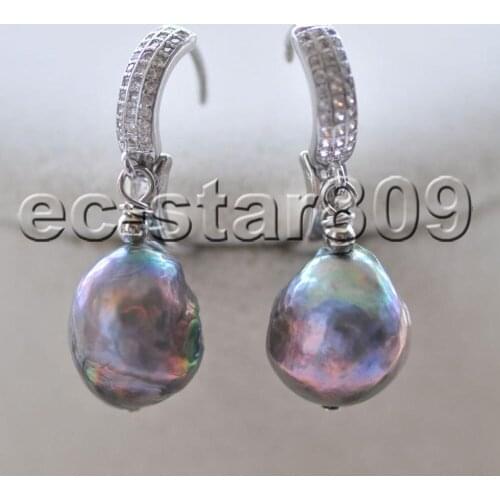 P7249 13mm Peacock-Black Edison Keshi Pearl Dangle Earring CZ