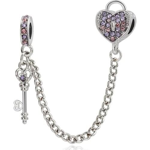 Pink Purple CZ Heart Lock Stopper Charm Fit Original Pandora Charms Bracelet Key Safety Chain Beads DIY Jewelry for Women Dangle