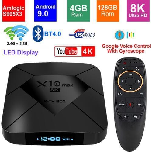 X10 MAX 8K TV BOX Android 9.0 Amlogic S905X3 4G RAM 128GB ROM 5G Dual WIFI BT4.0 USB 3.0 LED Display HDR H.265 8K Set Top Box