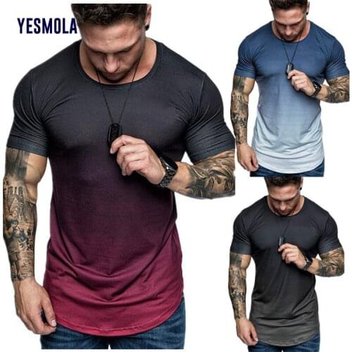YESMOLA Gradient Color Printing Round Neck Short Sleeve T-shirt for Men Loose Casual 2021 Fashion Sportswear Mens Wear