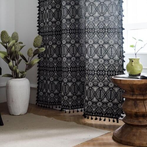 New Fashion Jacquard Geometric Custom Curtain Bohemian Black White Curtains with tassel for Living Room Bedroom semi-shading