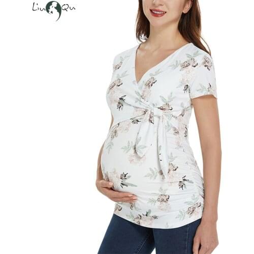 Women Summer Stripe Short Sleeve Tees Maternity Clothes Pregnant Wrap Breastfeeding Clothes Tops for Pregnancy Blouses Tops