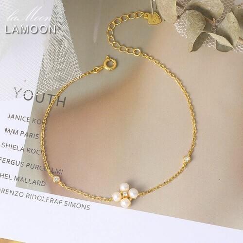 LAMOON Freshwater Pearl Bracelet For Women 925 Sterling Silver Womens Charm Bracelets 14K Gold Plated Fine Jewelry LMHI067