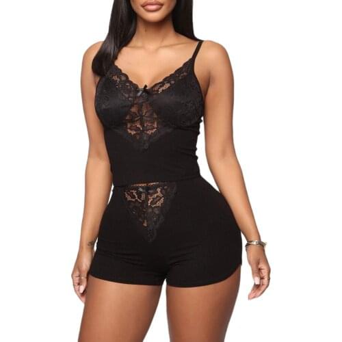 Ladys Solid Color Sexy Lingerie Set V-neck Lace Splicing Sling Camisole Elastic Slim Shorts