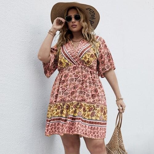 TEELYNN 4XL Plus size Dresses For Women Flare Short Sleeve Mini Dress Summer Vintage Rayon Yellow Floral Printed Boho Vestidos