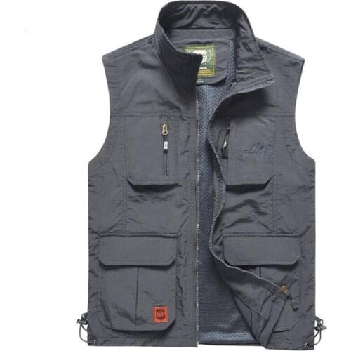 FOJAGANTO Mens Spring and Autumn Waistcoat Thin Multi-Pocket Outdoor Stand Collar Sleeveless Top Solid Color Casual Vest